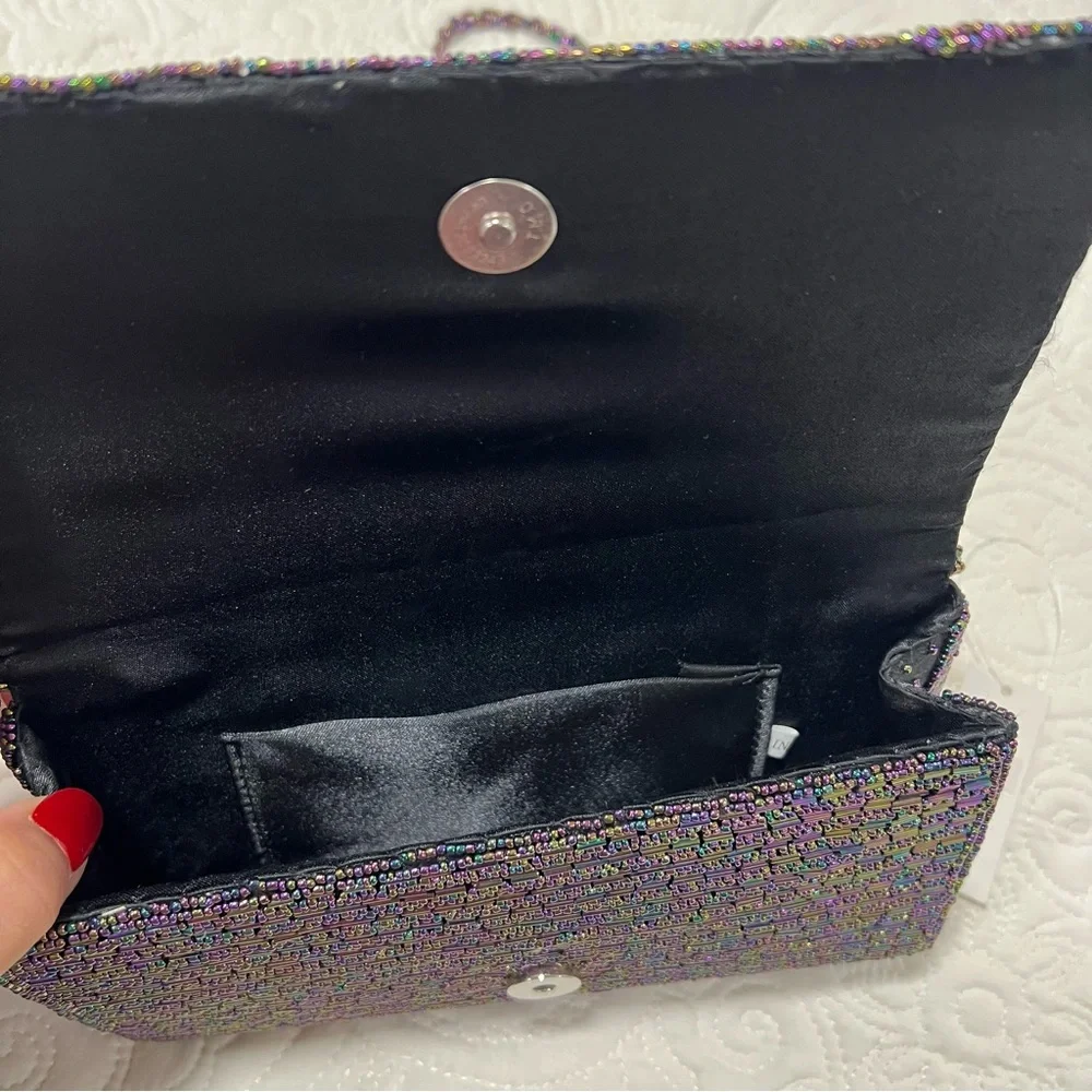VTG Black Iridescent Beaded Evening Bag Clutch/Crossbody Purse 90s multi color